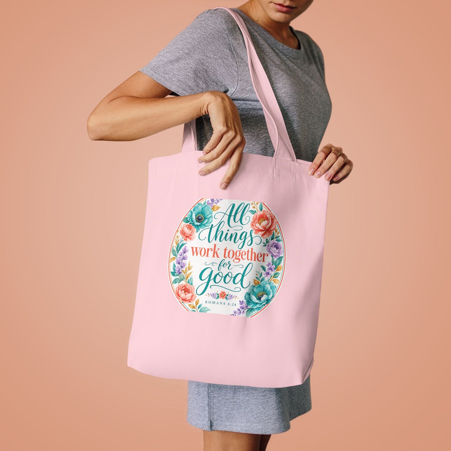 All things work together for good to them tha — Romans 8:28 Canvas Tote